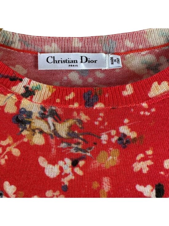 Christian Dior Red Floral Wool Silk Sweater Ruched Sleeve Italy Size 4